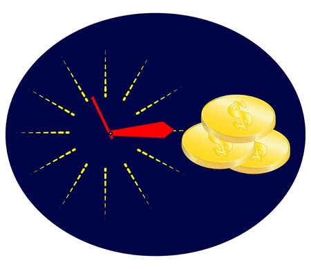 Time is money concept, clock and coin, long term financial investment, superannuation savings, future income, annual revenue, money profit and benefit, illustration flat line icon.の写真素材