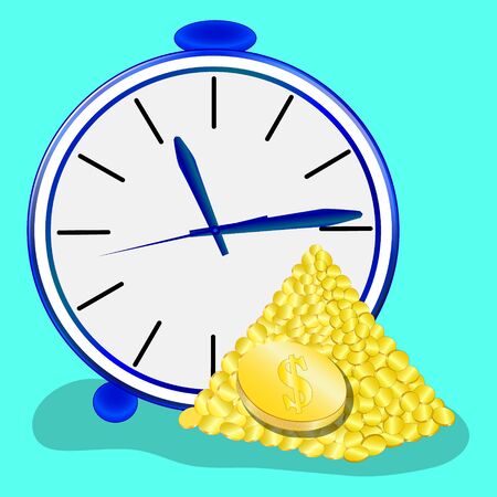 Time is money concept, clock and coin, long term financial investment, superannuation savings, future income, annual revenue, money profit and benefit, vector flat line iconの写真素材