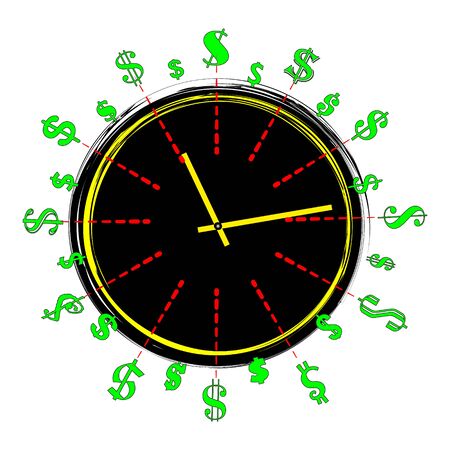 Time is money concept, clock and coin, long term financial investment, superannuation savings, future income, annual revenue, money profit and benefit, vector flat line iconの写真素材