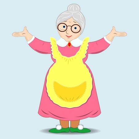 Smiling grandmother kitchen. Funny granny in glasses . Friendly grandmother personage isolated on white background. Happy pension lifestyle. vector illustrationの写真素材