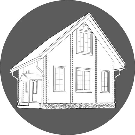 sketch of a house, black and white on a dark background in an oval..の写真素材