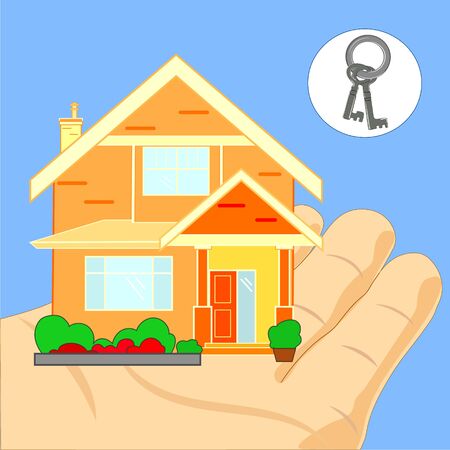 Hand agent with home in palm and key on finger. Offer of purchase house, rental of Real Estate. Giving, offering, demonstration, handing house keys.  illustration flat design.の写真素材