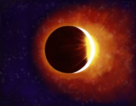 Beautiful eclipse illustration with yellow light rays and clouds in the dark skyの写真素材