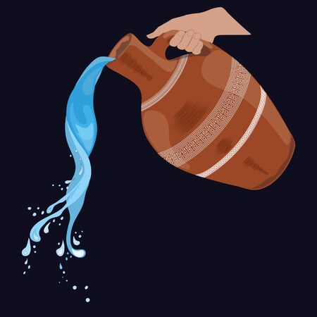 Painted clay jug with handle, splashing water, pouring water. dark background,の写真素材