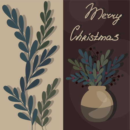 Greeting card merry Christmas and happy New Year on the brown background with brown vaseのイラスト素材