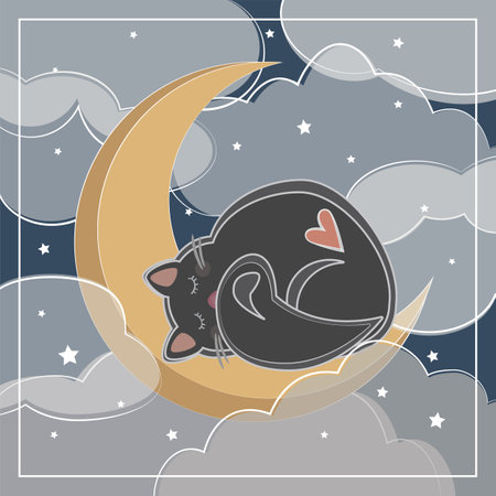 illustration black cat on the moon in clouds and starsのイラスト素材