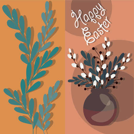 Greeting card happy Easter willow and vase on the brown background with brown vaseのイラスト素材