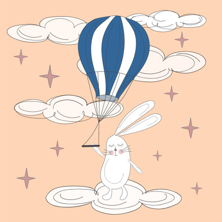 Greeting card bunny and air balloon and clouds and starsのイラスト素材