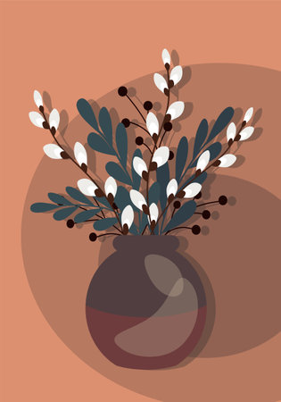 Greeting card happy Easter willow and vase on the brown background with brown vaseのイラスト素材