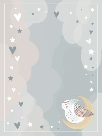 frame white owl on the moon in white clouds and starsのイラスト素材