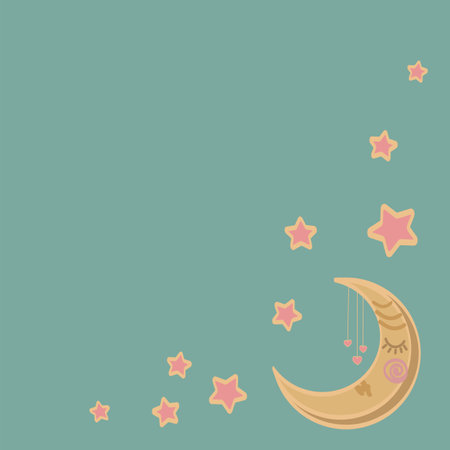 frame with pink stars and moon on a green background for congratulations and invitationsのイラスト素材