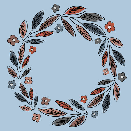image of a wreath of red pink and brown branches with flowers on a blue backgroundのイラスト素材