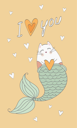 vector image of a greeting card with a cat in the form of a mermaidのイラスト素材