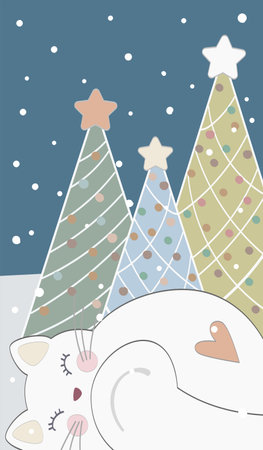 Greeting card cat and Christmas treesのイラスト素材
