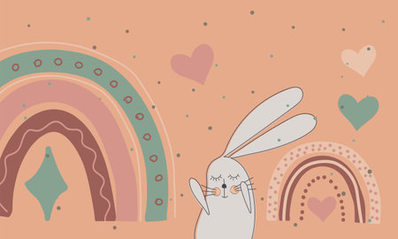 Vector image of a greeting card with a white rabbit and hearts on a beige and green background.のイラスト素材