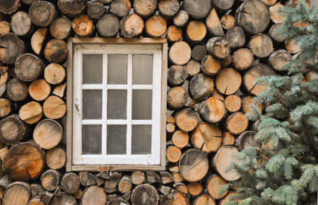Composition of wooden window and Chrismatst tree. Winter scene.の写真素材