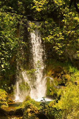 Waterfall and greenery. Summer day in nature. Summer scene. Waterfall in mountains.の写真素材