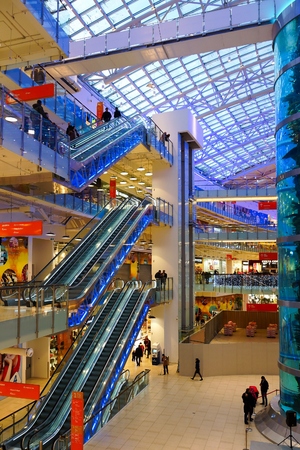 Interior shopping center  Avia park in Moscow. Escalators on the floors.のeditorial素材