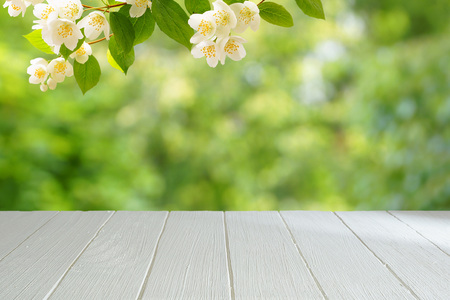 Empty white table with a blurred green background. White wooden table in the background of a summer...