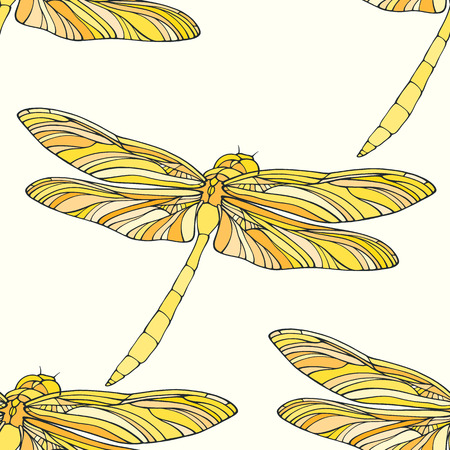 Seamless pattern with outline hand drawn dragonfliesのイラスト素材