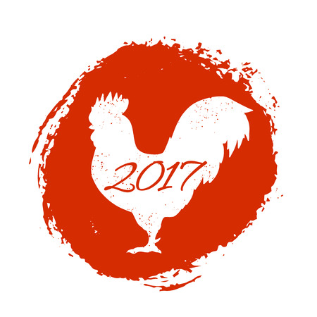 Hand drawn stylized silhouette red rooster isolated on white background. 2017 symbol. Vector illustration. Can be used as a logo, for website background, greeting cards, calendar, printingのイラスト素材