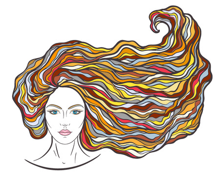 Beautiful girl face with long curly hair and neutral expression. Hand drawn woman portrait stylized in lines. Decorative vector illustrationのイラスト素材
