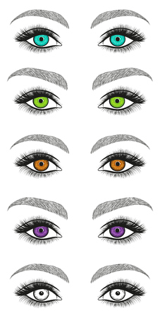 Stylized decorative makeup set. Hand drawn bright eyes with thick, long eyelashes and perfect brows. Vector illustrationのイラスト素材