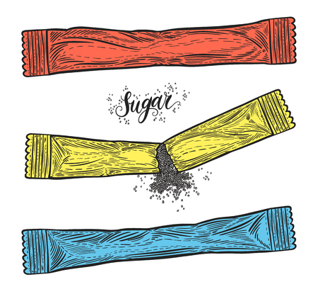 Hand drawn sugar packages. Snack bar sachets isolated on white background. Decorative doodle vector illustrationのイラスト素材