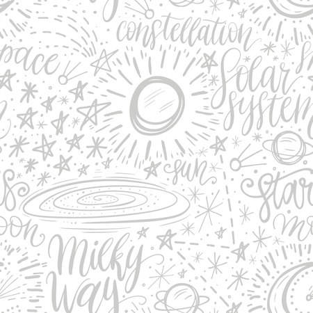 Space astronomy cute cartoon hand drawn seamless pattern. Decorative hand lettering. Vector illustrationのイラスト素材