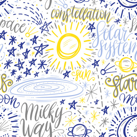 Space astronomy cute cartoon hand drawn seamless pattern. Decorative hand lettering. Vector illustrationのイラスト素材