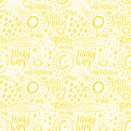 Space astronomy cute cartoon hand drawn seamless pattern. Decorative hand lettering. Vector illustrationのイラスト素材