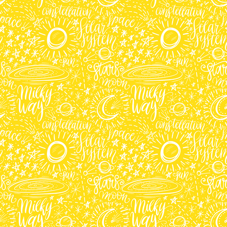 Space astronomy cute cartoon hand drawn seamless pattern. Decorative hand lettering. Vector illustrationのイラスト素材