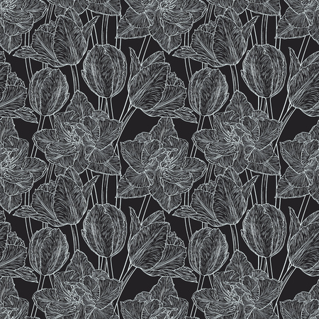Hand drawn vector illustration Seamless pattern with decorative doodle tulips hand drawn in lines. Vector illustrationのイラスト素材