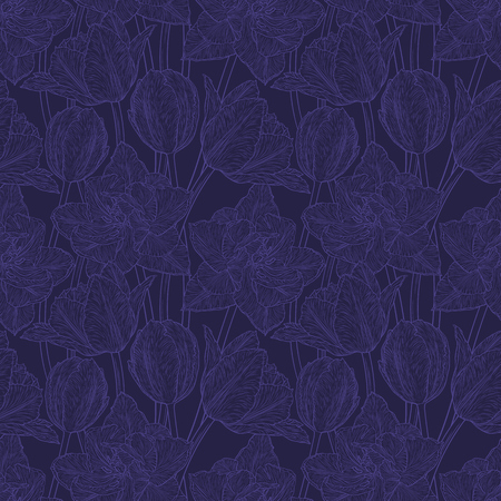 Hand drawn vector illustration Seamless pattern with decorative doodle tulips hand drawn in lines. Vector illustrationのイラスト素材