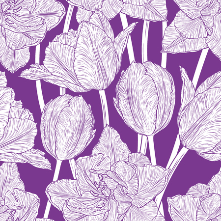 Hand drawn vector illustration Seamless pattern with decorative doodle tulips hand drawn in lines. Vector illustrationのイラスト素材