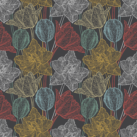 Hand drawn vector illustration Seamless pattern with decorative doodle tulips hand drawn in lines. Vector illustrationのイラスト素材