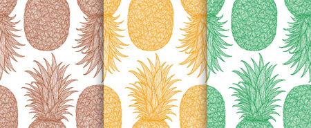 Hand drawn pattern with decorative pineapple. Stylized colorful fruit. Summer spring background, nature collection. Vector illustrationのイラスト素材