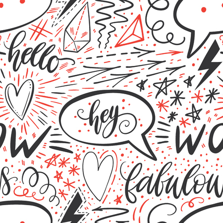 Calligraphy hand lettering seamless pattern. Positive signs, star, heart, speech bubbles, geometric forms. Perfect for print, textile, t-shirts, phone cases. Modern surface design. Vector illustrationのイラスト素材