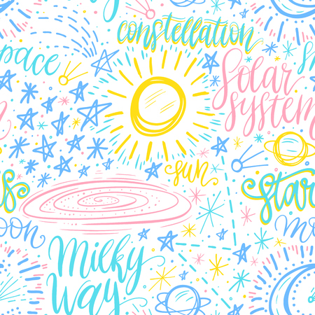 Space astronomy cute cartoon hand drawn seamless pattern. Decorative hand lettering. Vector illustrationのイラスト素材
