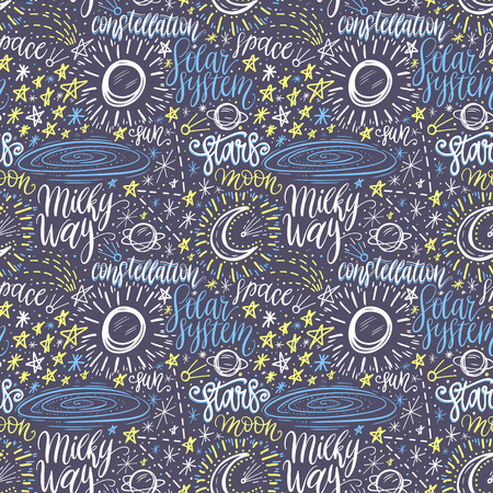 Space astronomy cute cartoon hand drawn seamless pattern. Decorative hand lettering. Vector illustrationのイラスト素材