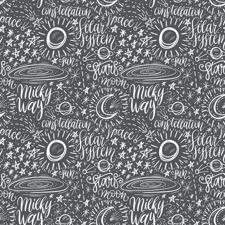 Space astronomy cute cartoon hand drawn seamless pattern. Decorative hand lettering. Vector illustrationのイラスト素材