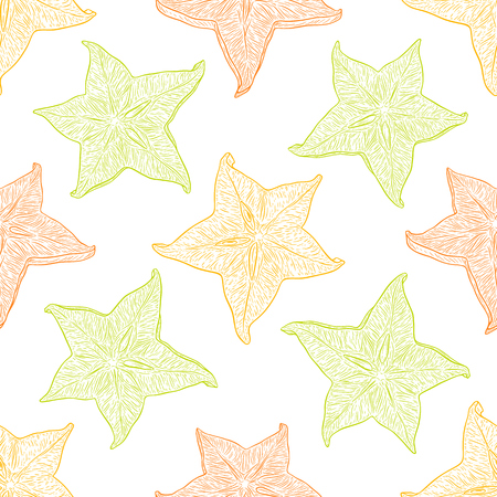 Hand drawn pattern with decorative sliced carambola fruit. Stylized colorful star fruit. Summer spring background, nature collection. Vector illustrationのイラスト素材