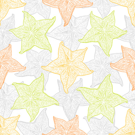 Hand drawn pattern with decorative sliced carambola fruit. Stylized colorful star fruit. Summer spring background, nature collection. Vector illustrationのイラスト素材