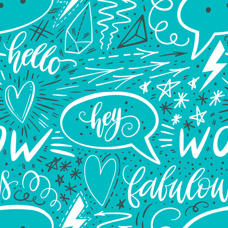 Calligraphy hand lettering seamless pattern. Positive signs, star, heart, speech bubbles, geometric forms. Perfect for print, textile, t-shirts, phone cases. Modern surface design. Vector illustrationのイラスト素材