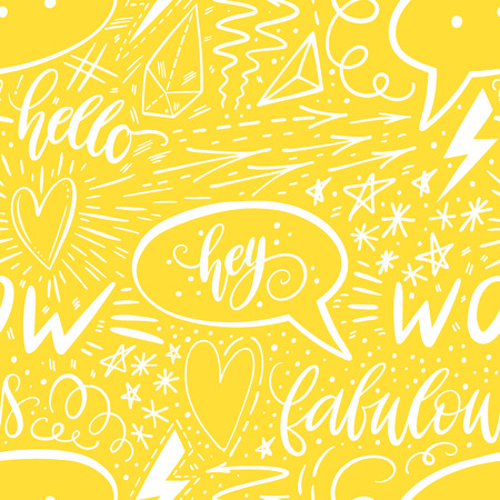 Calligraphy hand lettering seamless pattern. Positive signs, star, heart, speech bubbles, geometric forms. Perfect for print, textile, t-shirts, phone cases. Modern surface design. Vector illustrationのイラスト素材