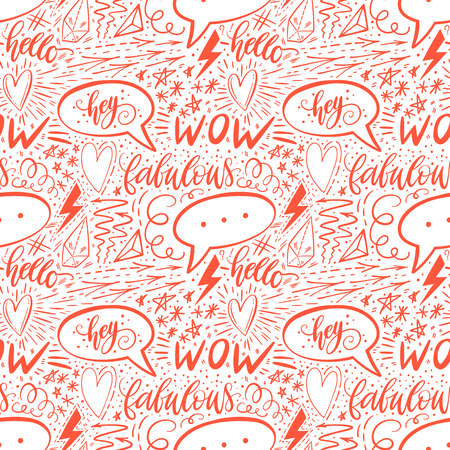 Calligraphy hand lettering seamless pattern. Positive signs, star, heart, speech bubbles, geometric forms. Perfect for print, textile, t-shirts, phone cases. Modern surface design. Vector illustrationのイラスト素材