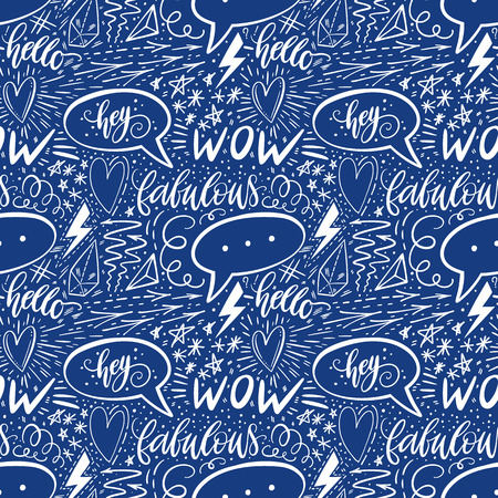 Calligraphy hand lettering seamless pattern. Positive signs, star, heart, speech bubbles, geometric forms. Perfect for print, textile, t-shirts, phone cases. Modern surface design. Vector illustrationのイラスト素材