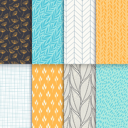 Abstract decorative doodle nature seamless patterns set. Hand drawn linear and silhouette flowers, branches and leaves textures.のイラスト素材