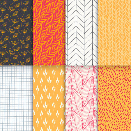 Abstract decorative doodle nature seamless patterns set. Hand drawn linear and silhouette flowers, branches and leaves textures.のイラスト素材