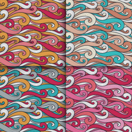 Abstract wavy lines seamless patterns set of wavy like vector illustration in bright colorful seamlessly tiling background collection.のイラスト素材